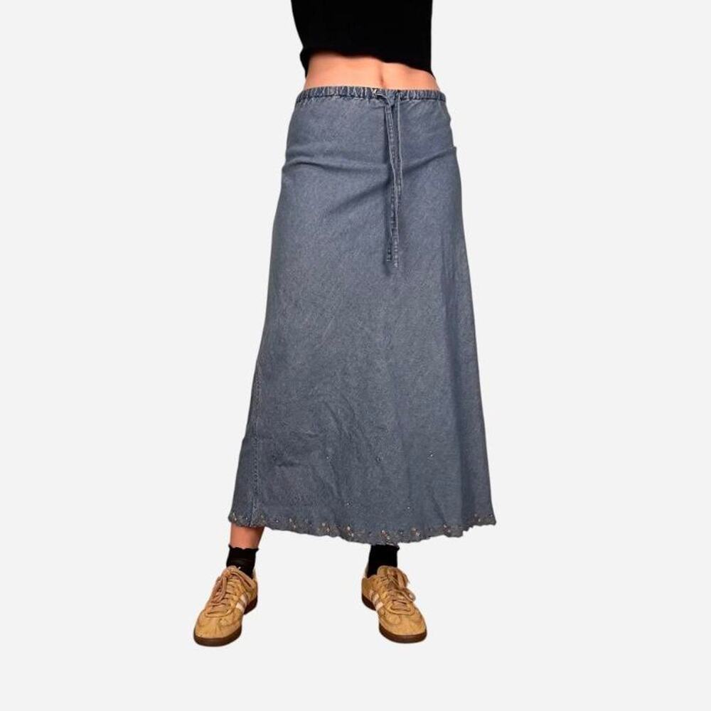 Victoria Jones denim maxi skirt button up 80s delicate embroidery drawstring, MP